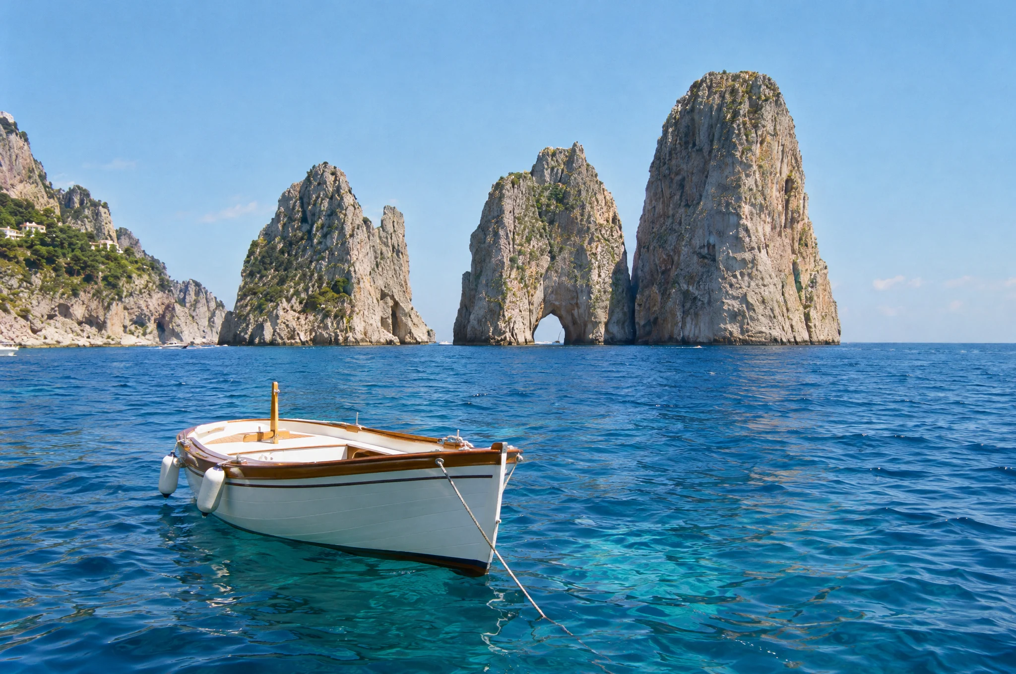 The Faraglioni rising from deep blue water off Capri, with a small wooden boat moored in the foreground.
