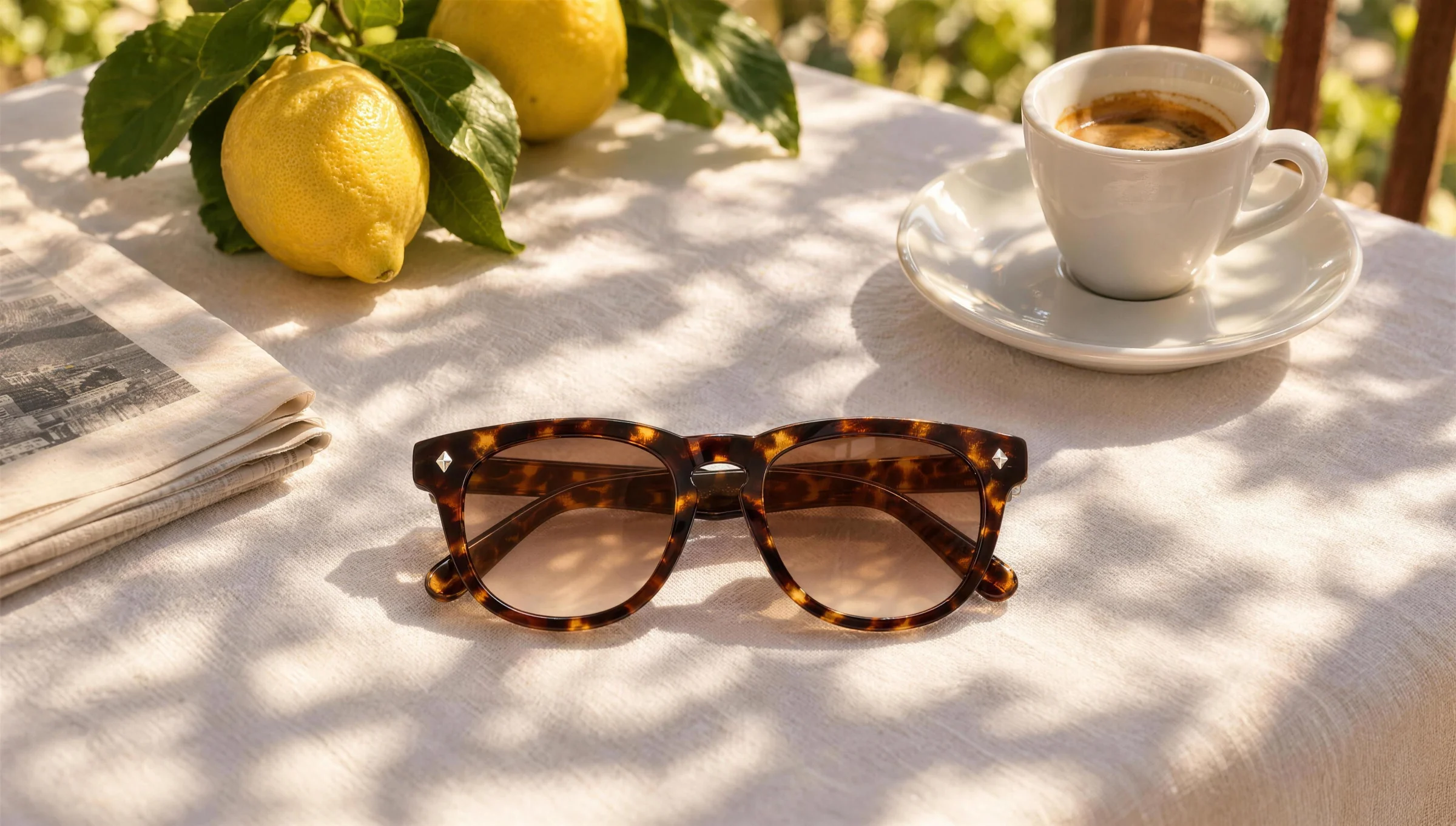 MONACO sunglasses on a white linen tablecloth beside an espresso and lemons